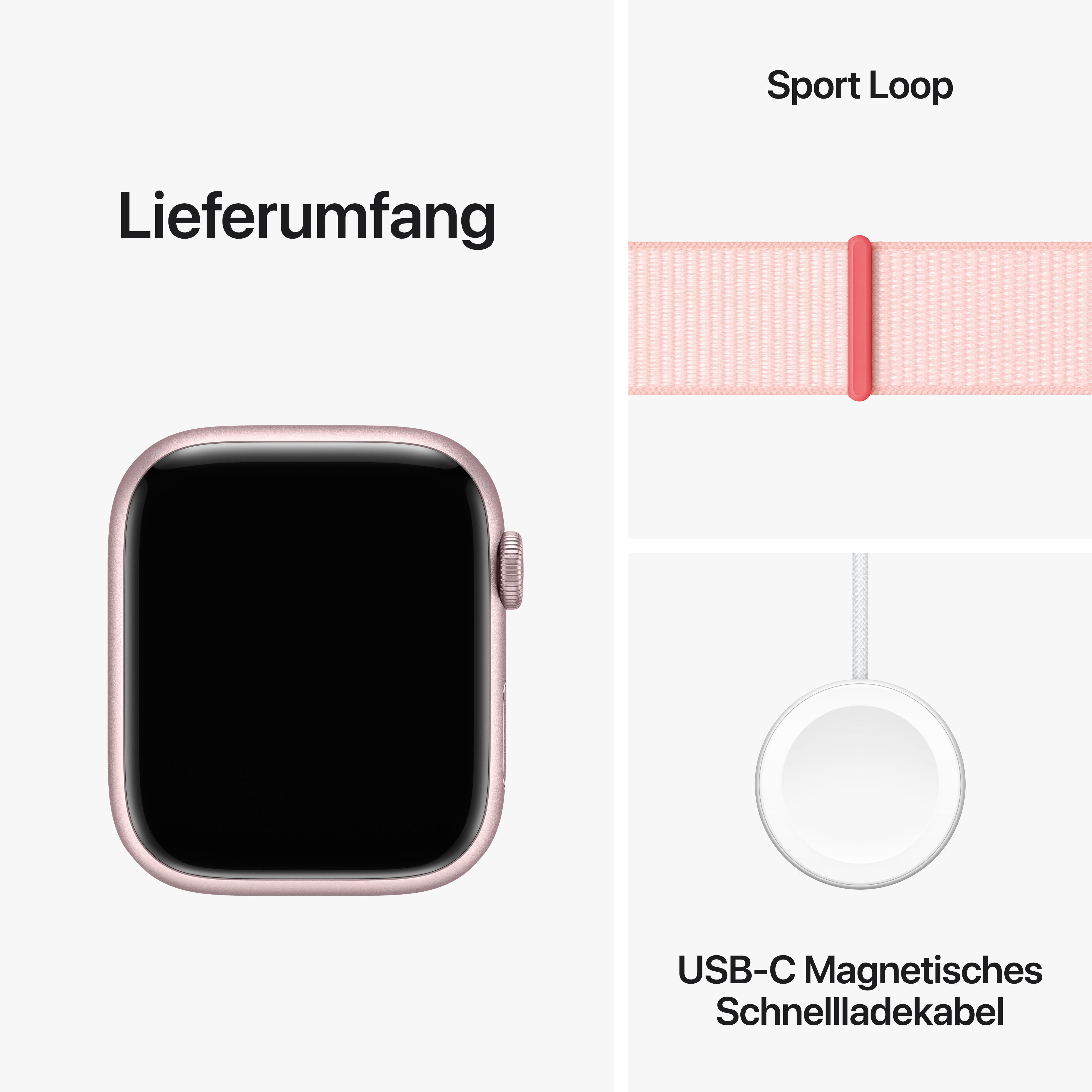 Apple Watch, pinkes Gehäuse mit passendem Armband. Inklusive Ladegerät und Sport Loop Band.