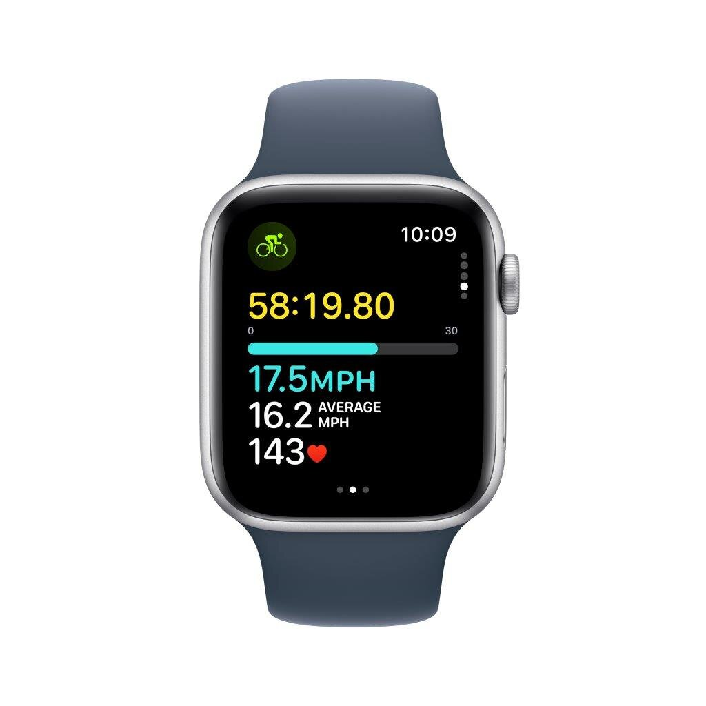 Smartwatch APPLE Watch SE (2 generacji) GPS Koperta 44mm z aluminium w kolorze srebrnym z paskiem sportowym S/M w kolorze sztormowego błękitu M