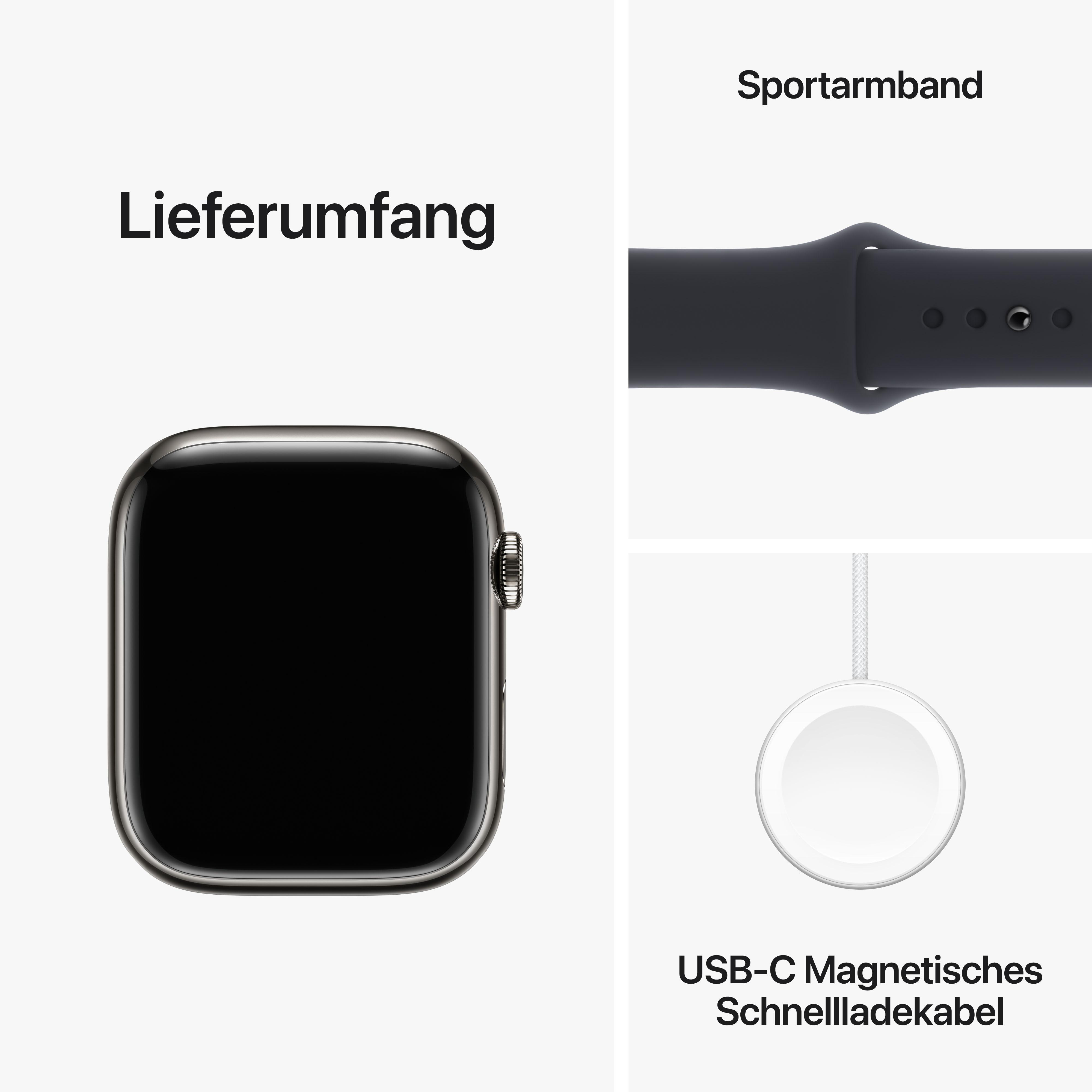 Uhr, Ladekabel und Armband auf weißem Hintergrund. Schwarze Uhr.