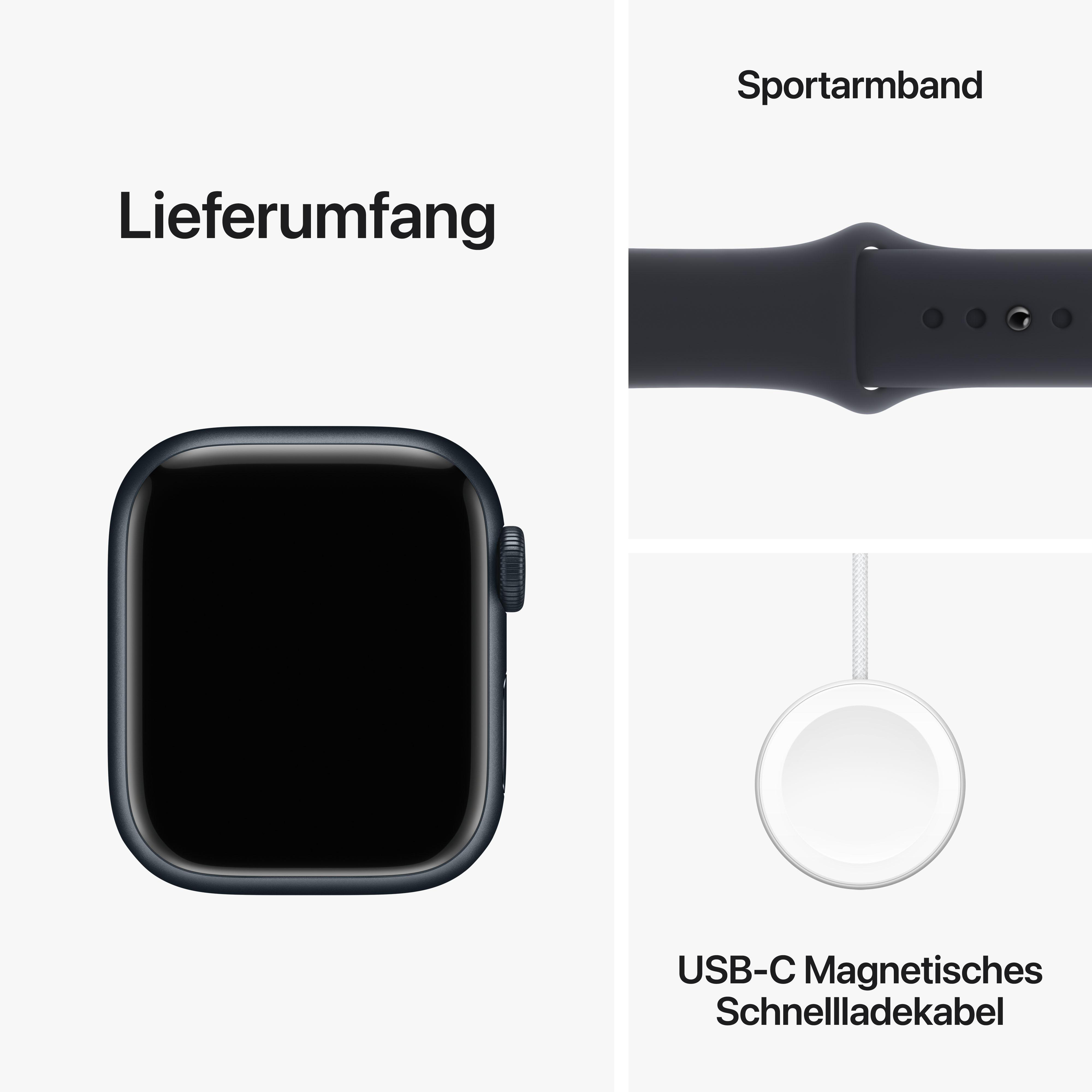 Apple Watch Komponenten: Uhr, Sportarmband und USB-C magnetisches Schnellladekabel, alles auf Weiß.