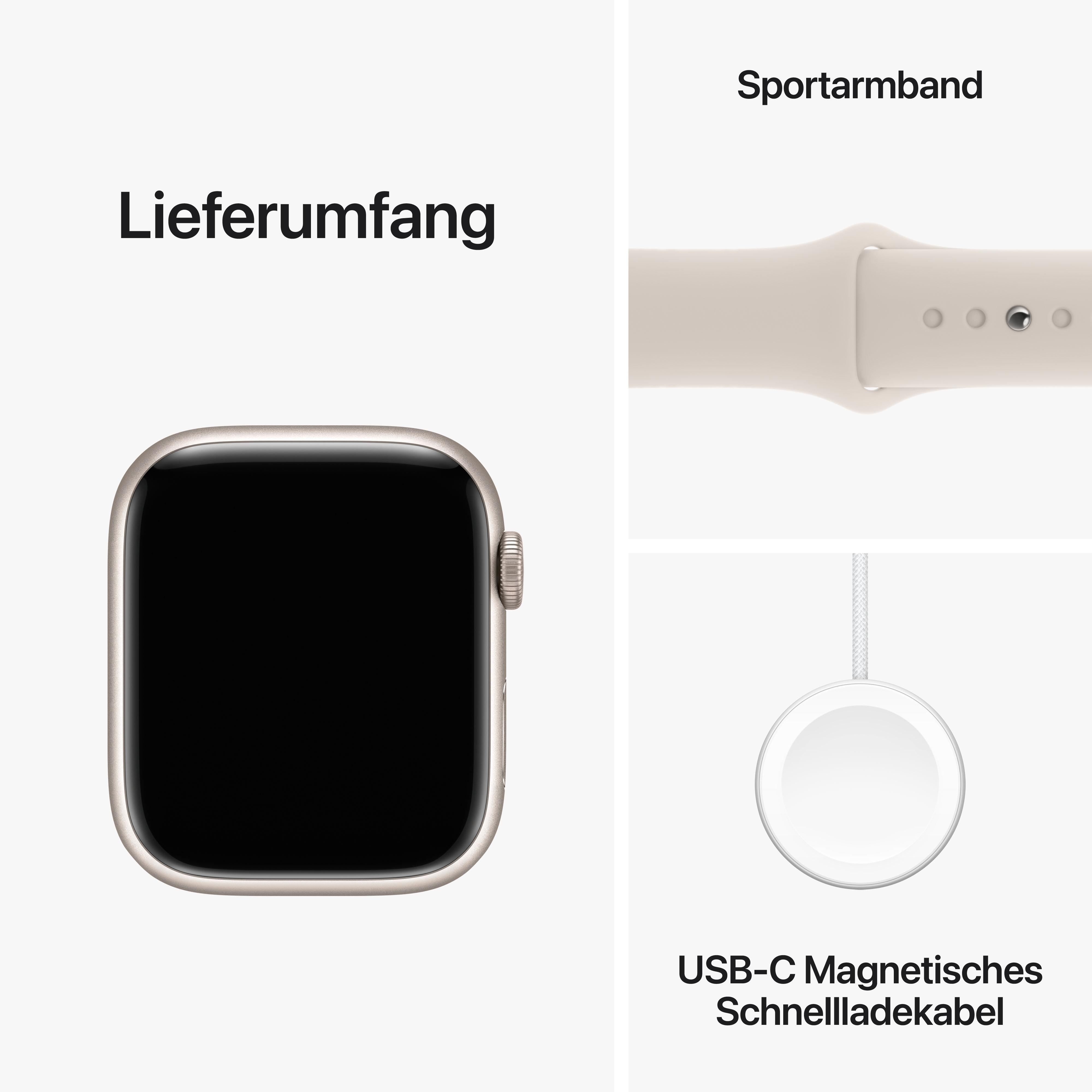 Eine Apple Watch mit Sportarmband, Ladegerät und Kabel, mit Text auf Deutsch.