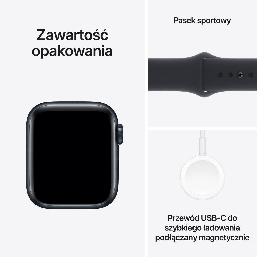 Zegarek, opaska sportowa i magnetyczny kabel ładujący USB-C na białym tle.