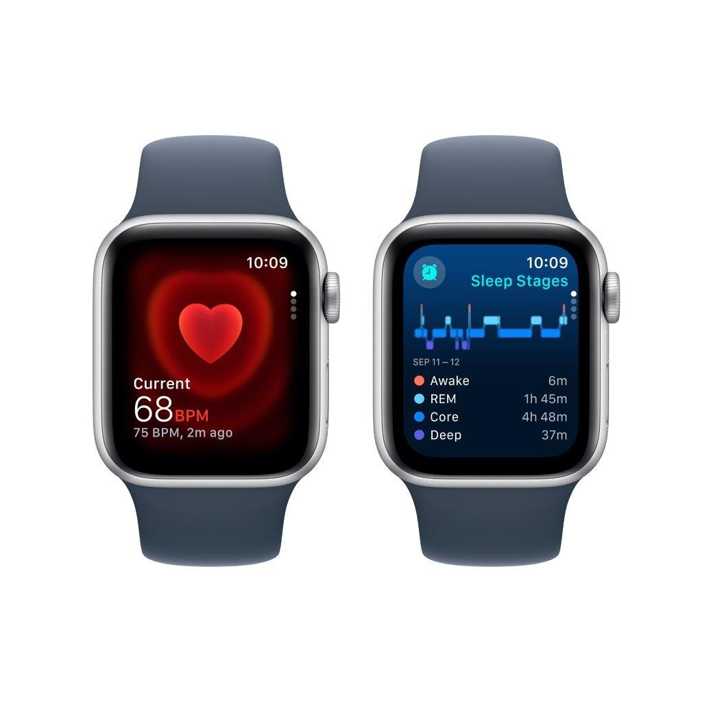 Dwa smartwatche z niebieskimi paskami. Jeden pokazuje tętno 68 BPM. Drugi wyświetla fazy snu.