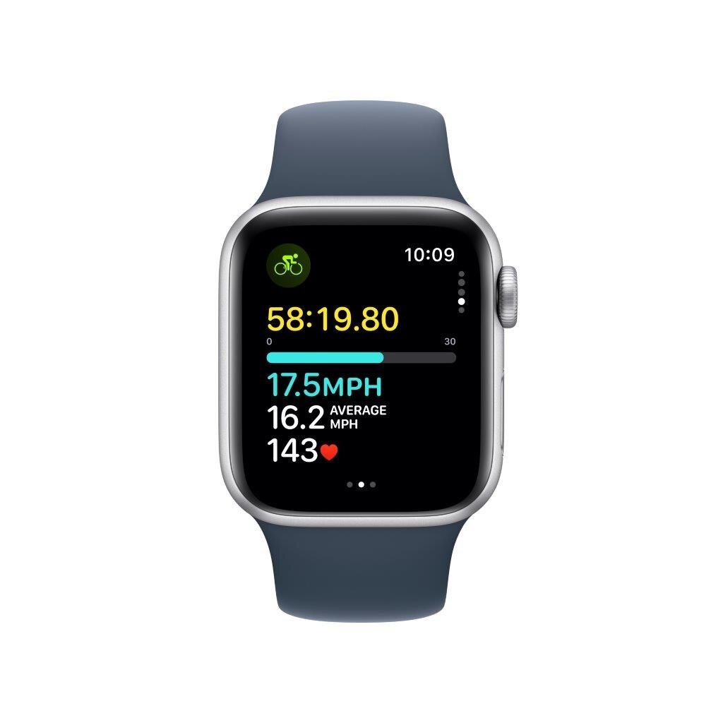Apple Watch pokazujący trening z czasem, prędkością i tętnem na ciemnoniebieskim pasku.