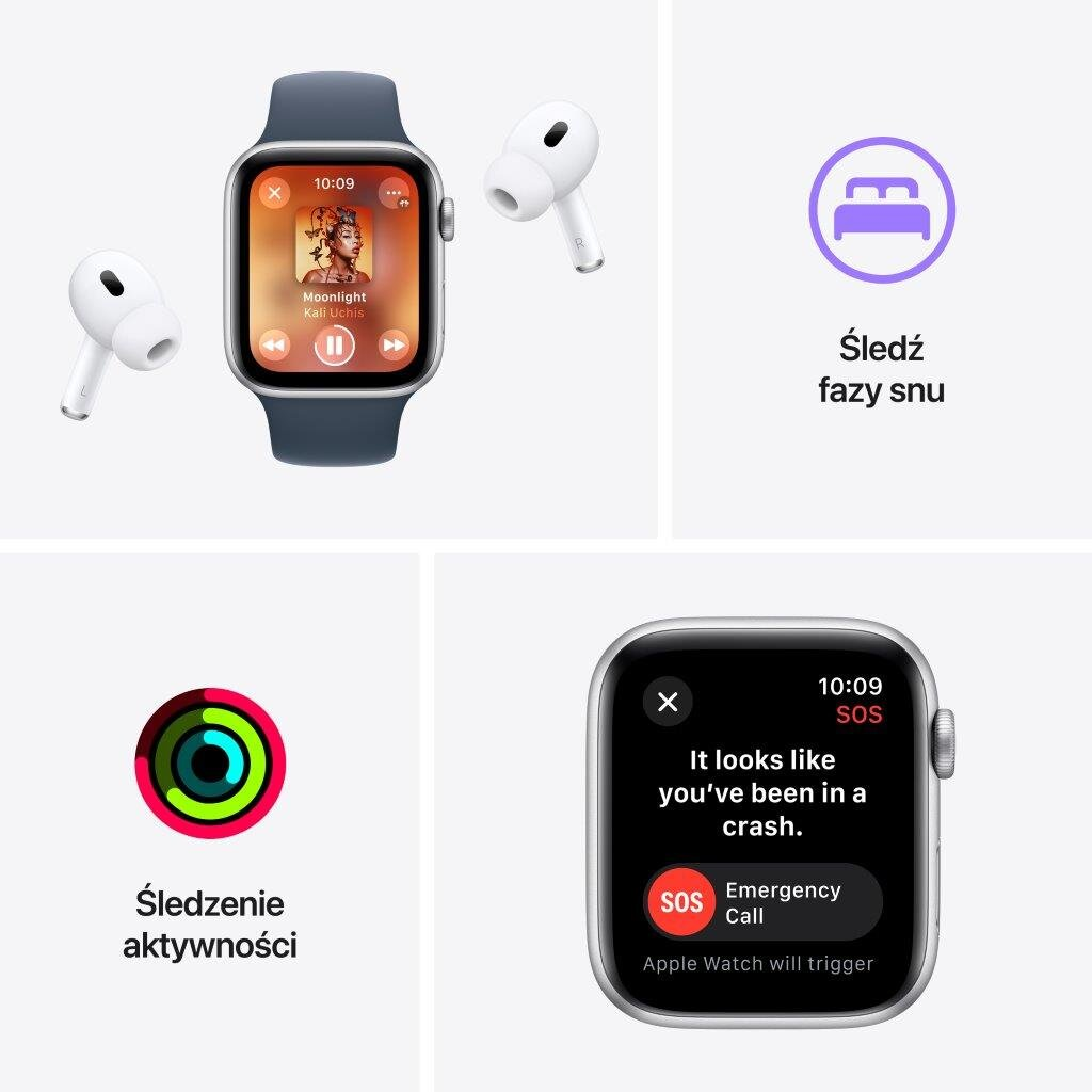 Apple Watch wyświetla interfejs muzyczny i powiadomienie SOS. Są też ikony śledzenia snu i monitorowania aktywności.