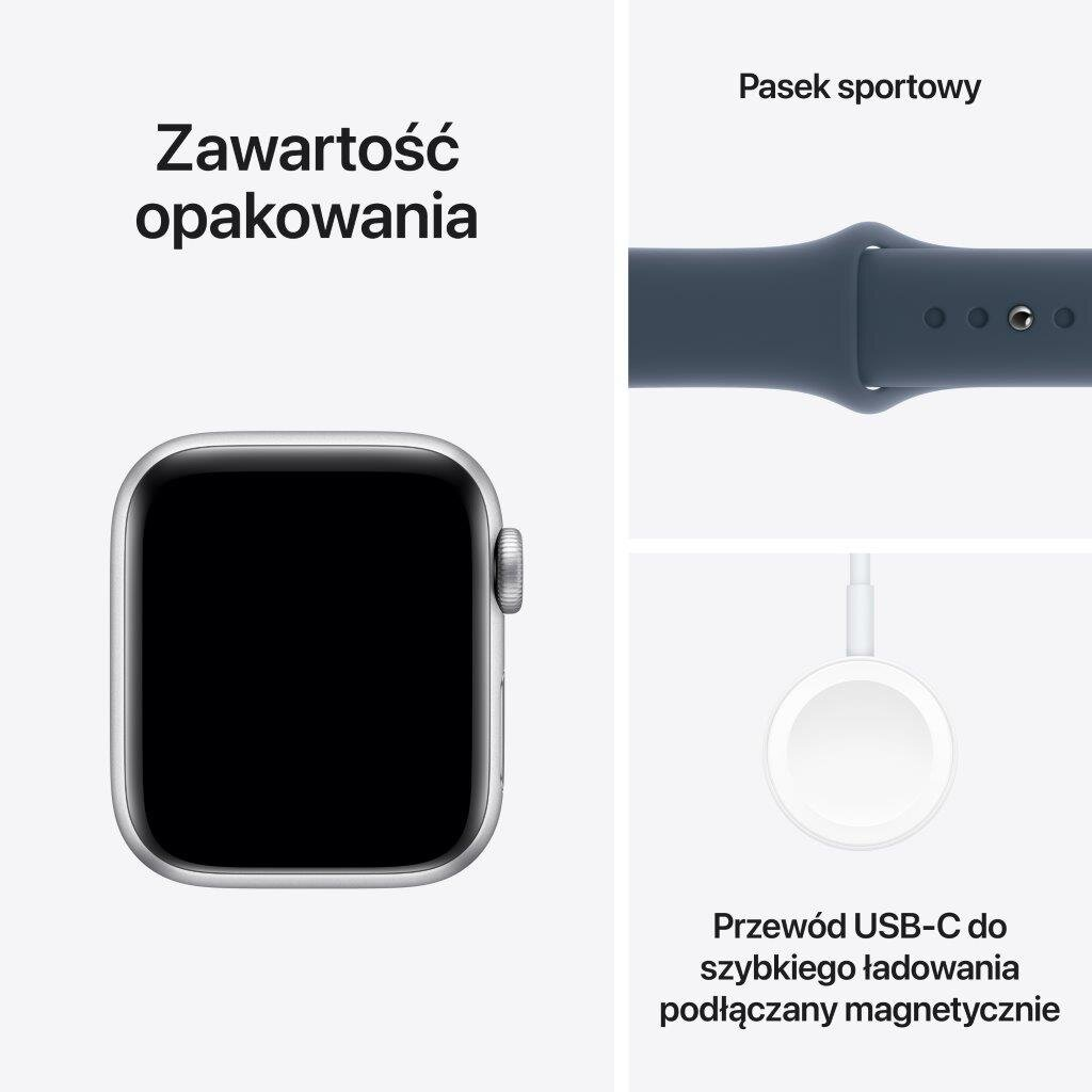 Obraz pokazuje Apple Watch, sportowy pasek i kabel ładujący. Polski tekst: zawartość opakowania. Srebrny zegarek.