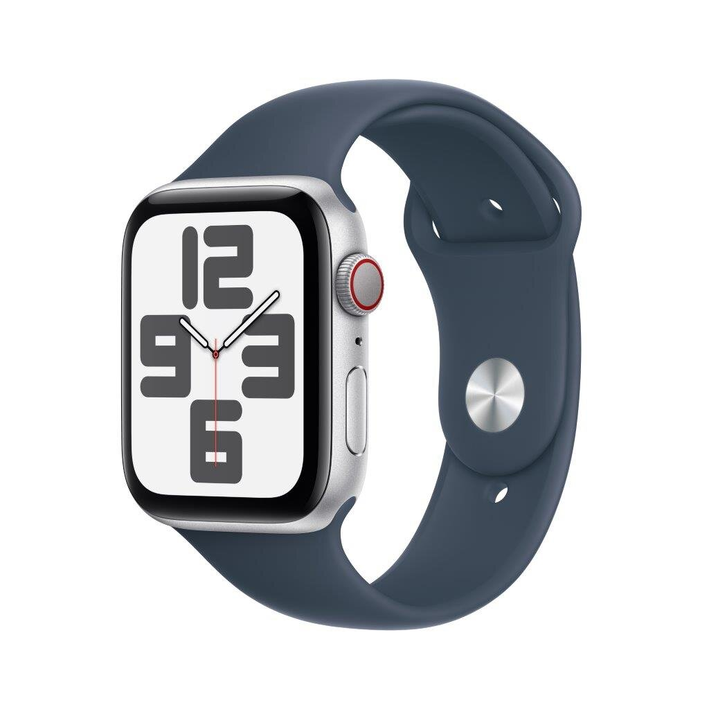 Smartwatch APPLE Watch SE (2 generacji) GPS + Cellular Koperta 44mm z aluminium w kolorze srebrnym z paskiem sportowym S/M w kolorze sztormowego