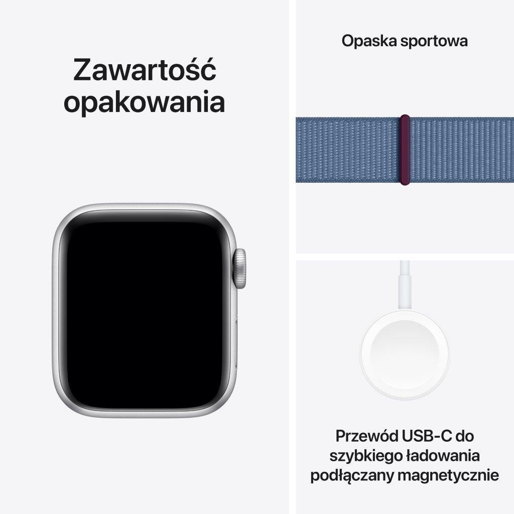Smartwatch APPLE Watch SE (2 generacji) GPS + Cellular Koperta 44mm z aluminium w kolorze srebrnym z opaską sportową w kolorze zimowego błękitu MRH