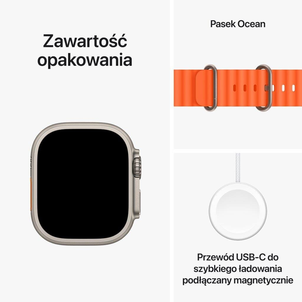 Apple Watch, pomarańczowy pasek i kabel ładujący na białej powierzchni. Tekst po polsku.