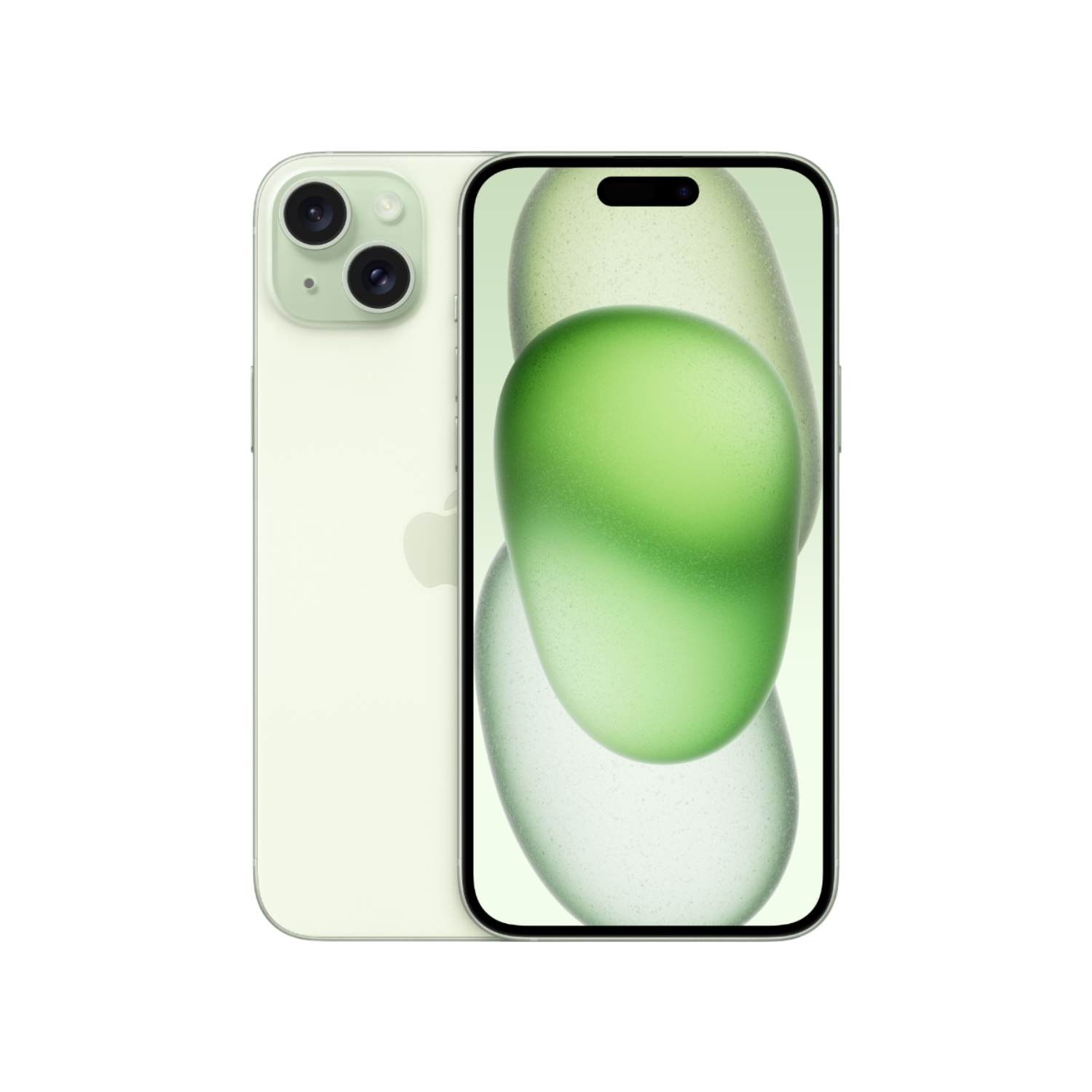 Een lichtgroene iPhone met een groen scherm, met groene abstracte vormen.