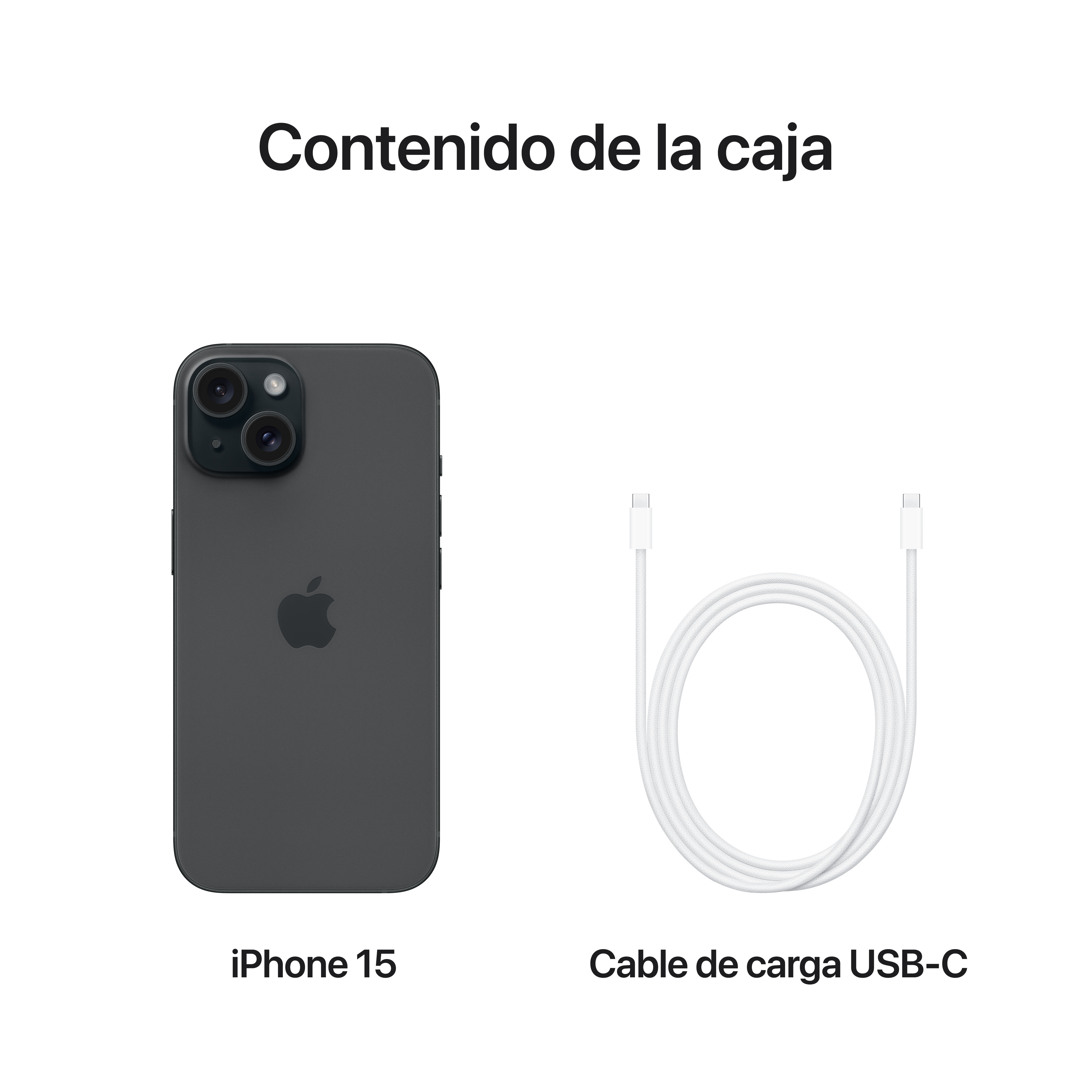 La imagen muestra un iPhone 15 y un cable de carga USB-C sobre un fondo blanco.