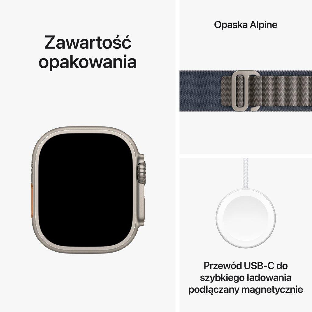 Smartwatch APPLE Watch Ultra 2 GPS + Cellular Koperta 49mm z tytanu w kolorze naturalnym z opaską alpine L w kolorze niebieskim MREQ3WB/A