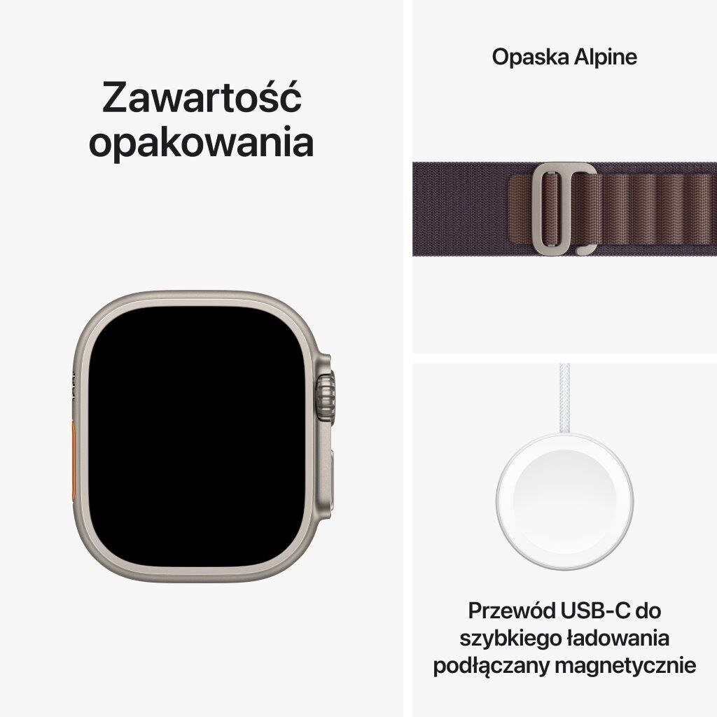 Smartwatch APPLE Watch Ultra 2 GPS + Cellular Koperta 49mm z tytanu w kolorze naturalnym z opaską alpine M w kolorze indygo MRET3WB/A