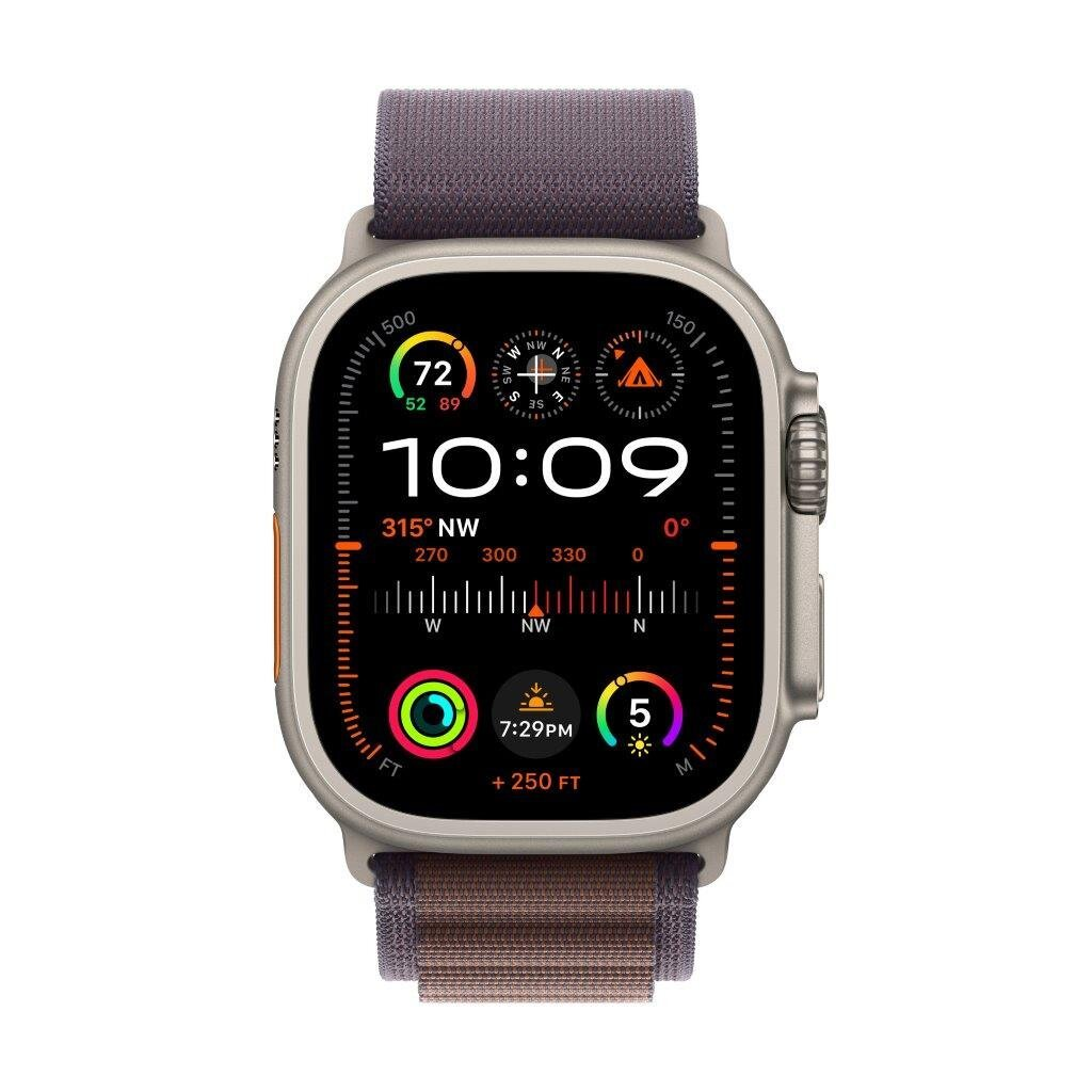 Apple Watch Ultra pokazujący tarczę zegarka z różnymi punktami danych i paskiem z tkaniny.