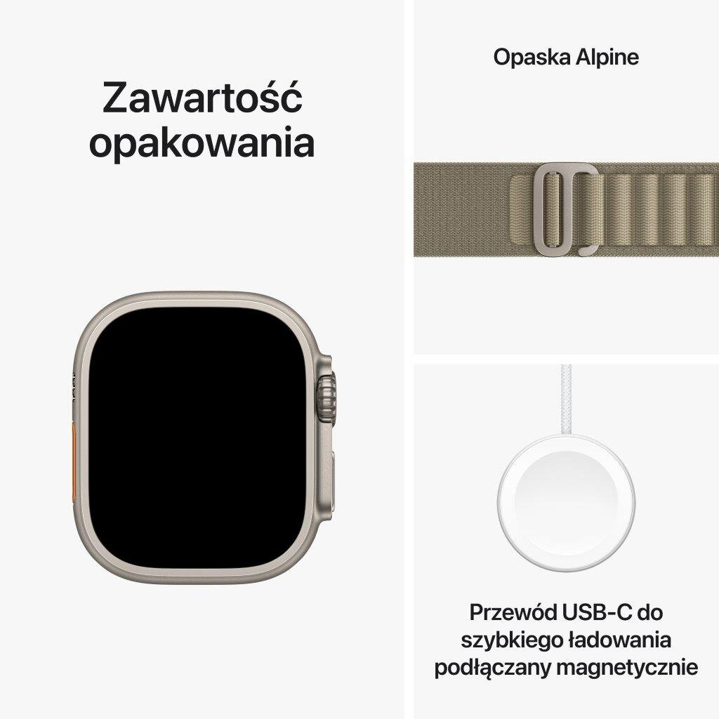 Szary smartwatch z paskiem Alpine i kablem ładującym. "Zawartość opakowania".