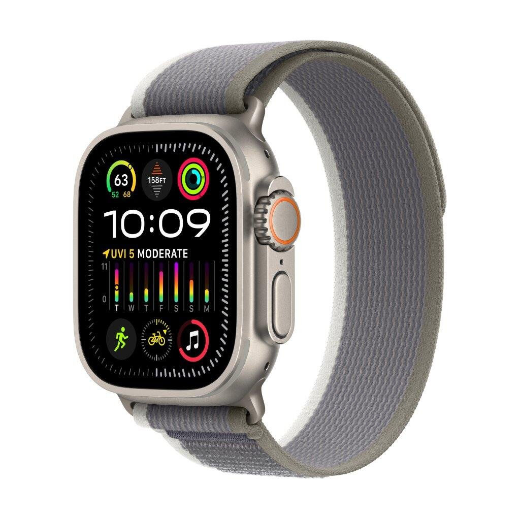 Apple Watch Ultra, szary pasek, pokazujący czas i statystyki fitness, czarne tło.