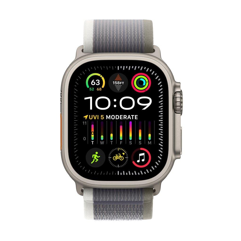 Apple Watch Ultra z szarym paskiem wyświetla kolorowy interfejs z metrykami na białym tle.