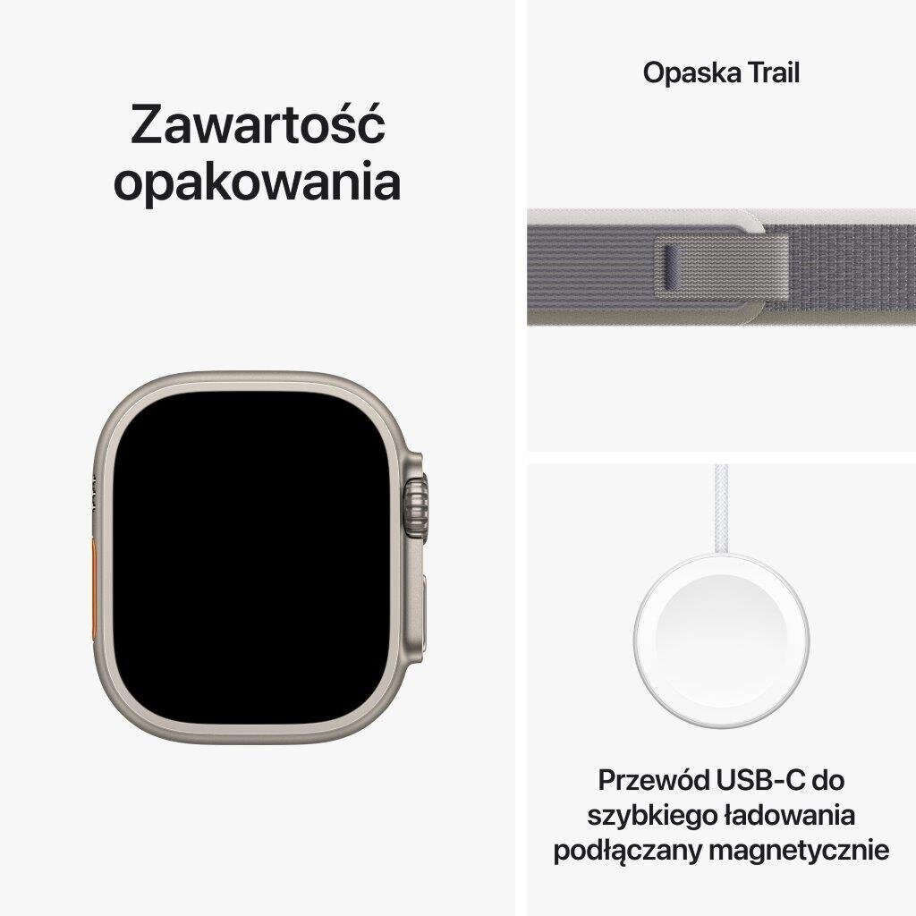 Zawartość pudełka Apple Watch Ultra: zegarek, pasek Trail Loop i kabel ładujący USB-C.