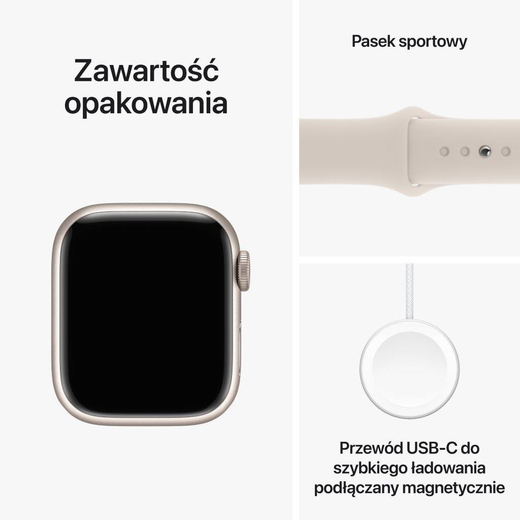 Smartwatch, pasek sportowy i kabel ładujący z etykietami tekstowymi.