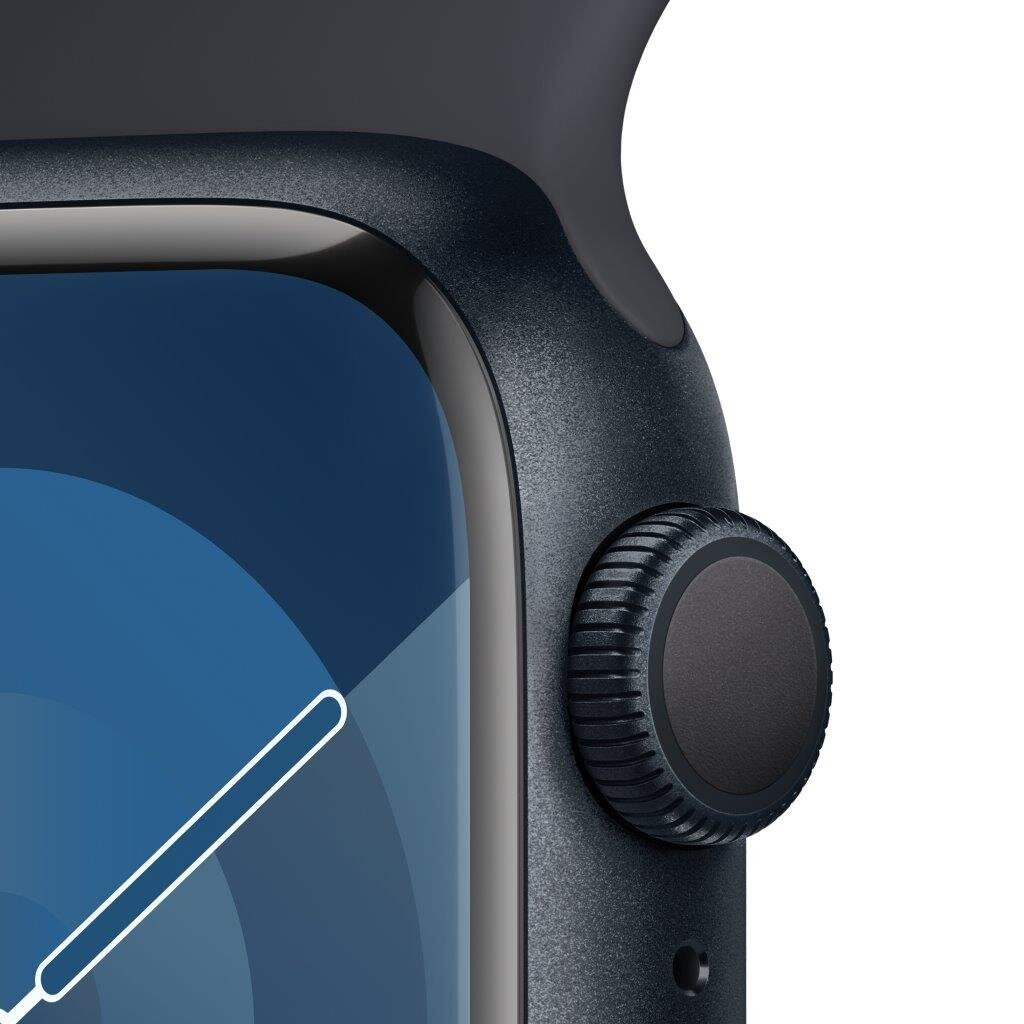 Zbliżenie Apple Watch z granatowym paskiem i obracaną koronką. Ciemnoniebieskie tło.