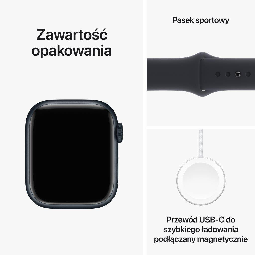 Smartwatch, czarna opaska sportowa i biały magnetyczny kabel ładujący.