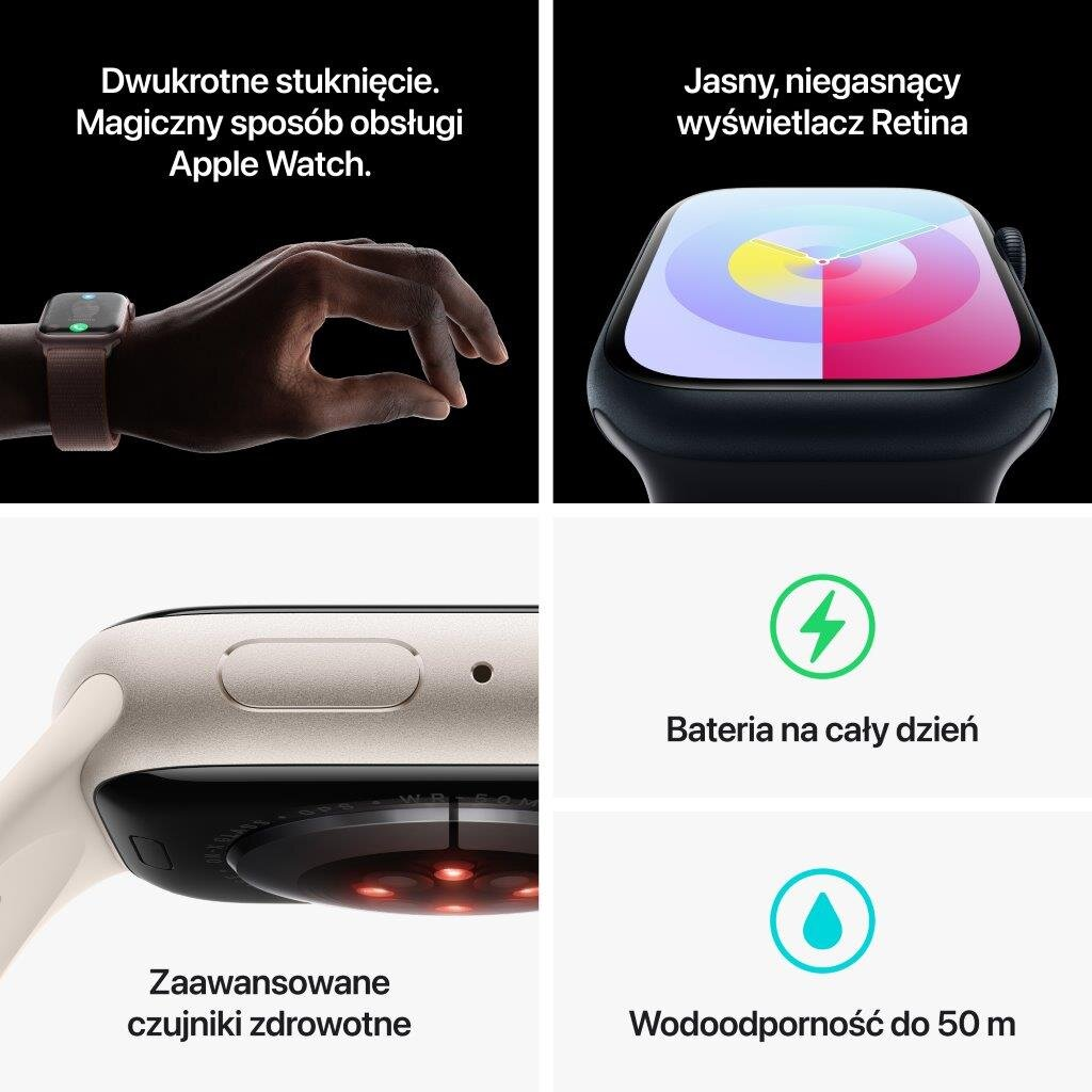 Apple Watch z wyświetlaczem Retina, czujnikami zdrowia, baterią, wodoodpornością.
