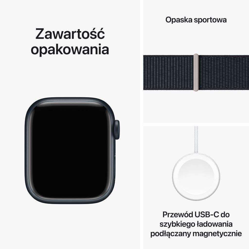 Apple Watch z opaską sportową i kablem ładowania.