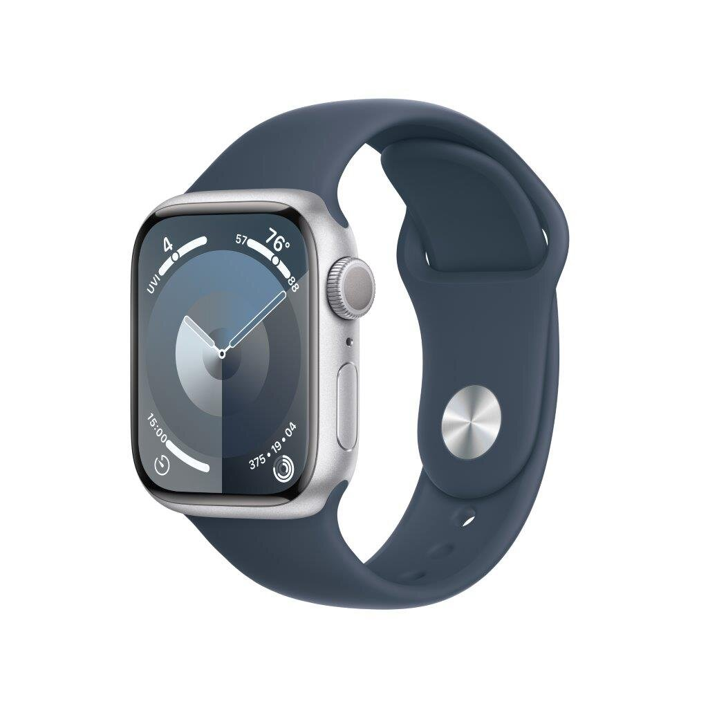 Apple Watch ze srebrną kopertą i granatowym paskiem. Tarcza zegarka wyświetla godzinę, temperaturę i inne dane.