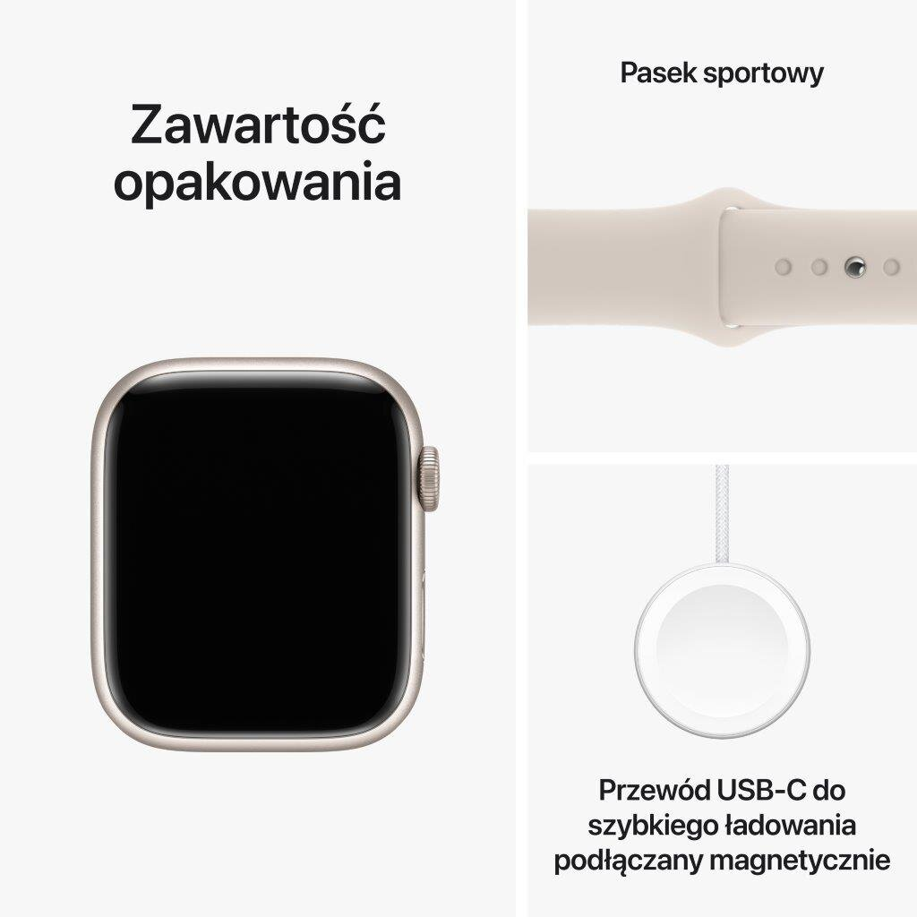Apple Watch, pasek sportowy i kabel ładujący USB-C.