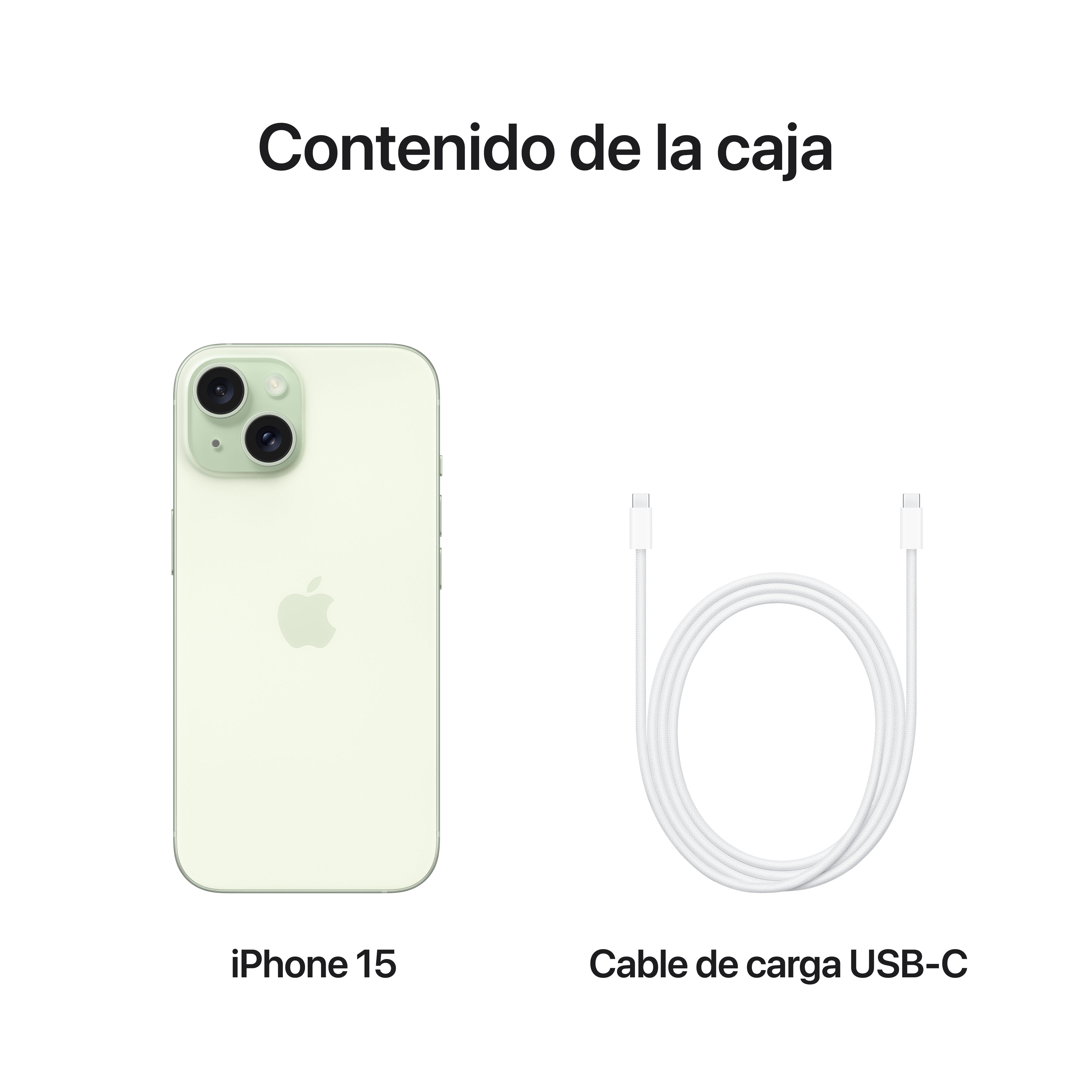 Un iPhone 15 verde claro y un cable de carga USB-C blanco sobre fondo blanco. Contenido de la caja.