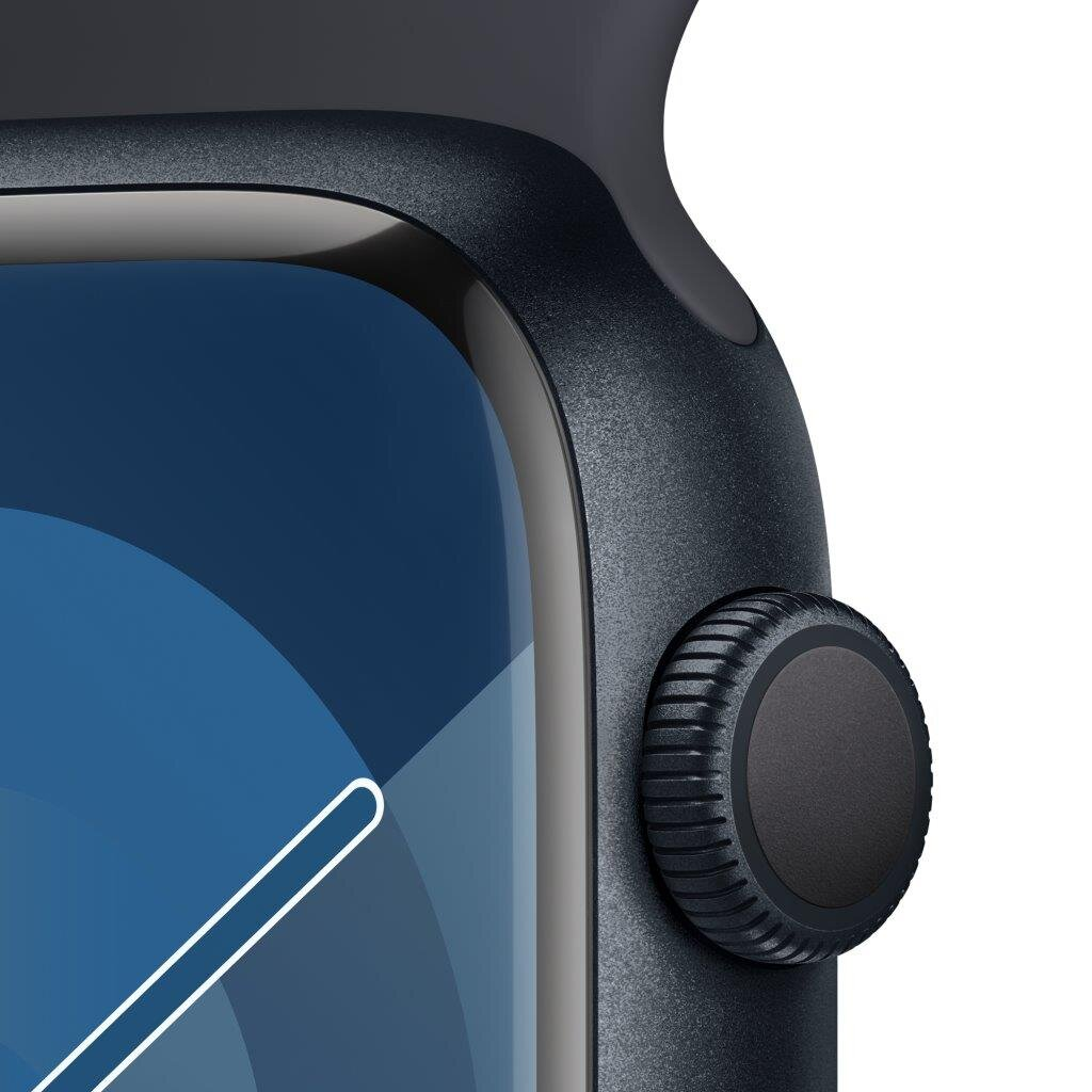 Zbliżenie na granatowy Apple Watch z czarną cyfrową koronką i niebieskim paskiem.