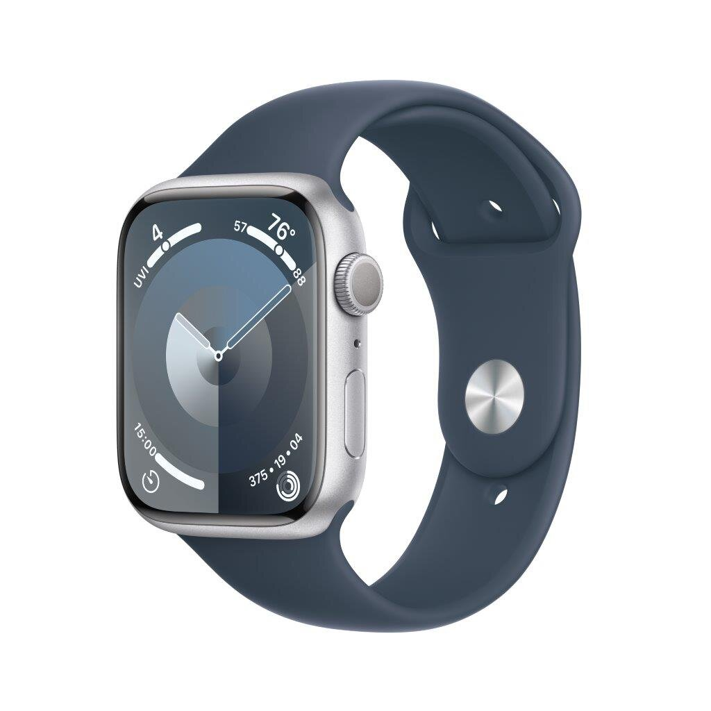 Srebrny smartwatch z niebieskim paskiem, wyświetlający czas i wskaźniki aktywności.