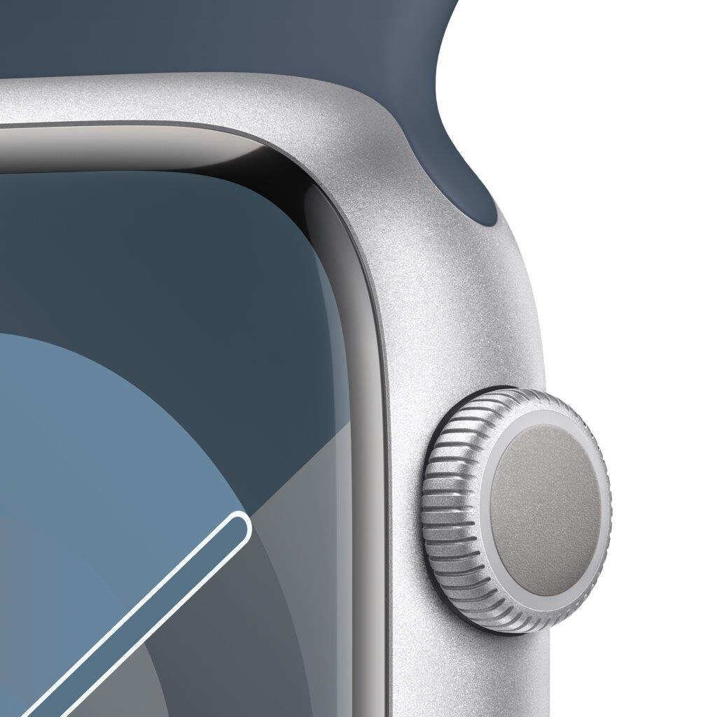 Zbliżenie Apple Watch. Tarcza srebrna z szarą kontrolką i niebieskim paskiem.