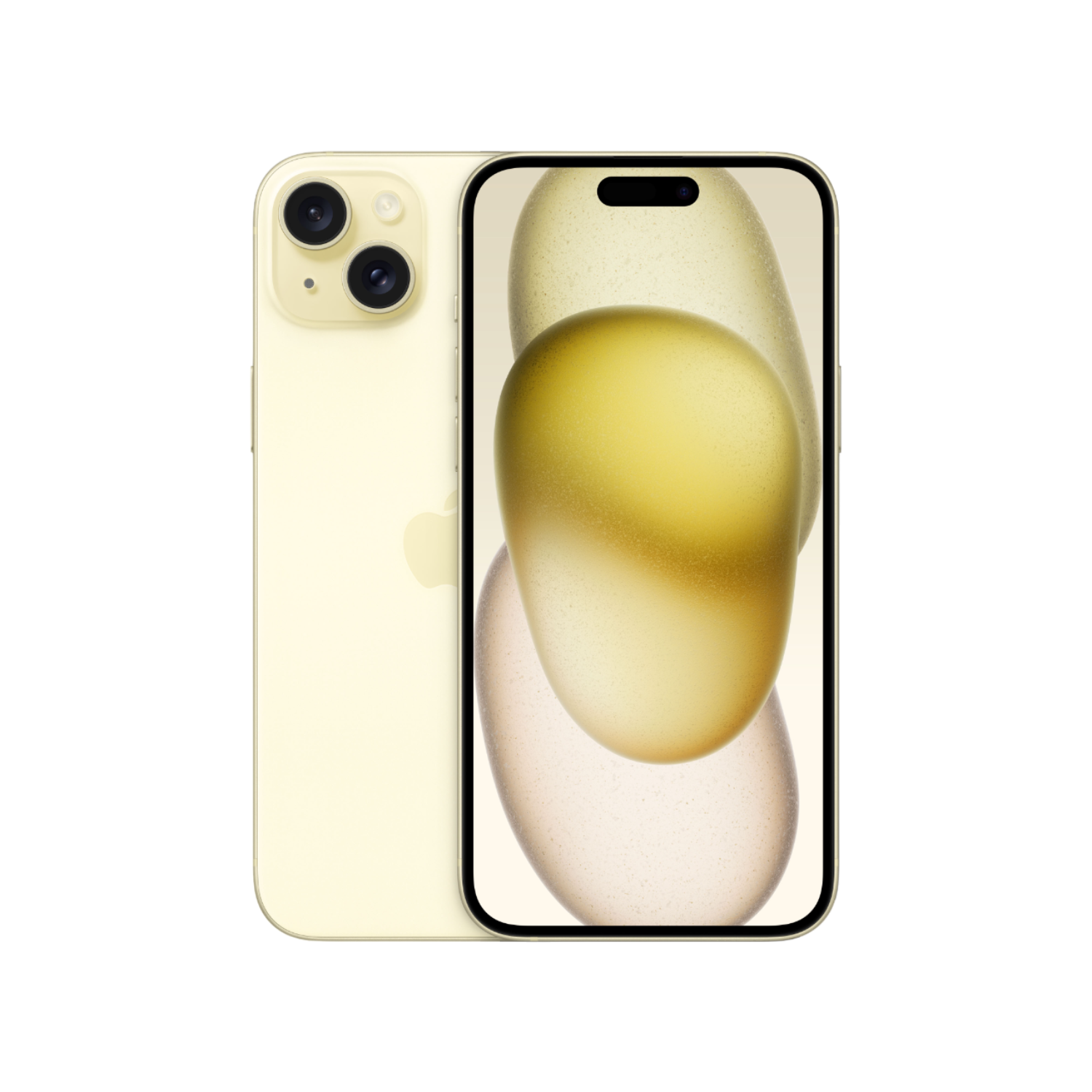 Gele iPhone met twee camera's achter. Het scherm toont abstracte gele vormen.