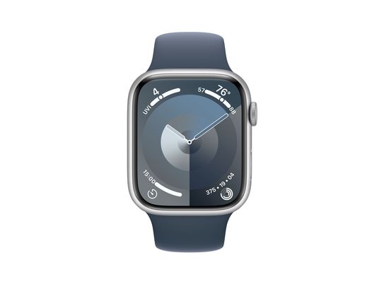 APPLE Watch Series 9 (GPS, alluminio) 45 mm - Smartwatch (S/M 140-190 mm, fluoroelastomero, argento/blu tempesta)