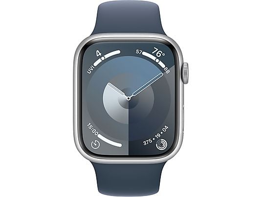 APPLE Watch Series 9 (GPS, Alu) 45 mm - Smartwatch (S/M 140-190 mm, Fluoroélastomère, Argent/Bleu tempête)