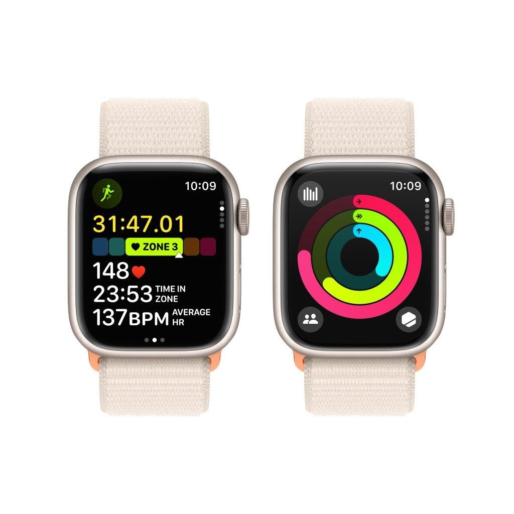 Dwa zegarki Apple Watch wyświetlają dane fitness. Lewy zegarek pokazuje czas, tętno i strefy treningowe.