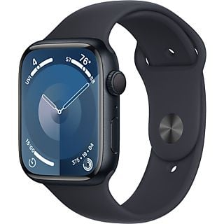 APPLE Watch Series 9 (GPS, Alu) 45 mm - Smartwatch (M/L 160-210 mm, Fluoroélastomère, Minuit/Minuit)