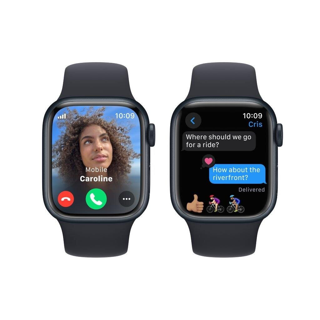 Dwa Apple Watche. Jeden z kobietą podczas rozmowy. Drugi pokazuje wiadomość o przejażdżce nad rzeką.