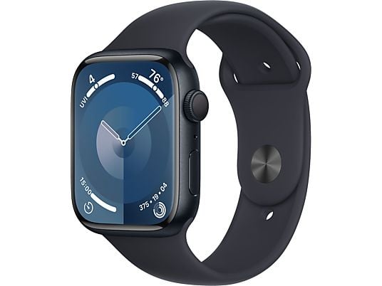 APPLE Watch Series 9 (GPS, alluminio) 45 mm - Smartwatch (S/M 140-190 mm, fluoroelastomero, mezzanotte/mezzanotte)