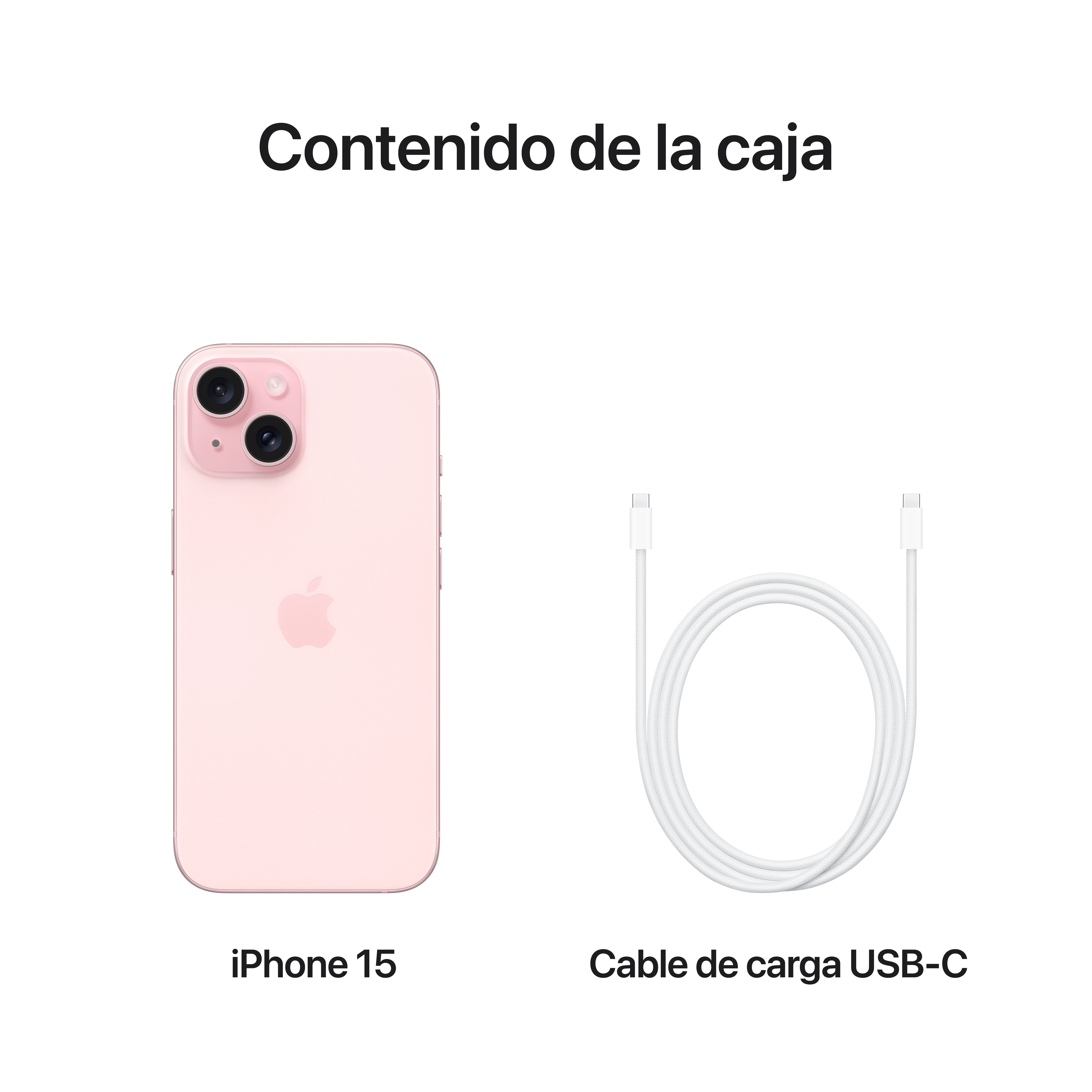 iPhone 15 rosa y cable de carga USB-C. El teléfono a la izquierda, el cable a la derecha.