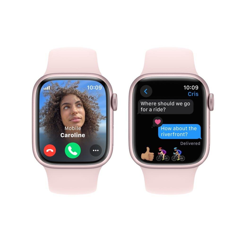 Dwa Apple Watch. Jeden pokazuje połączenie wideo, drugi rozmowę tekstową o przejażdżce rowerowej.