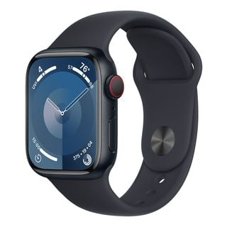 APPLE Watch Series 9 (GPS + Cellular, alluminio) 41 mm - Smartwatch (S/M 130-180 mm, fluoroelastomero, mezzanotte/mezzanotte)