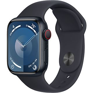 APPLE Watch Series 9 (GPS + Cellular, Alu) 41 mm - Smartwatch (S/M 130-180 mm, Fluoroélastomère, Minuit/Minuit)