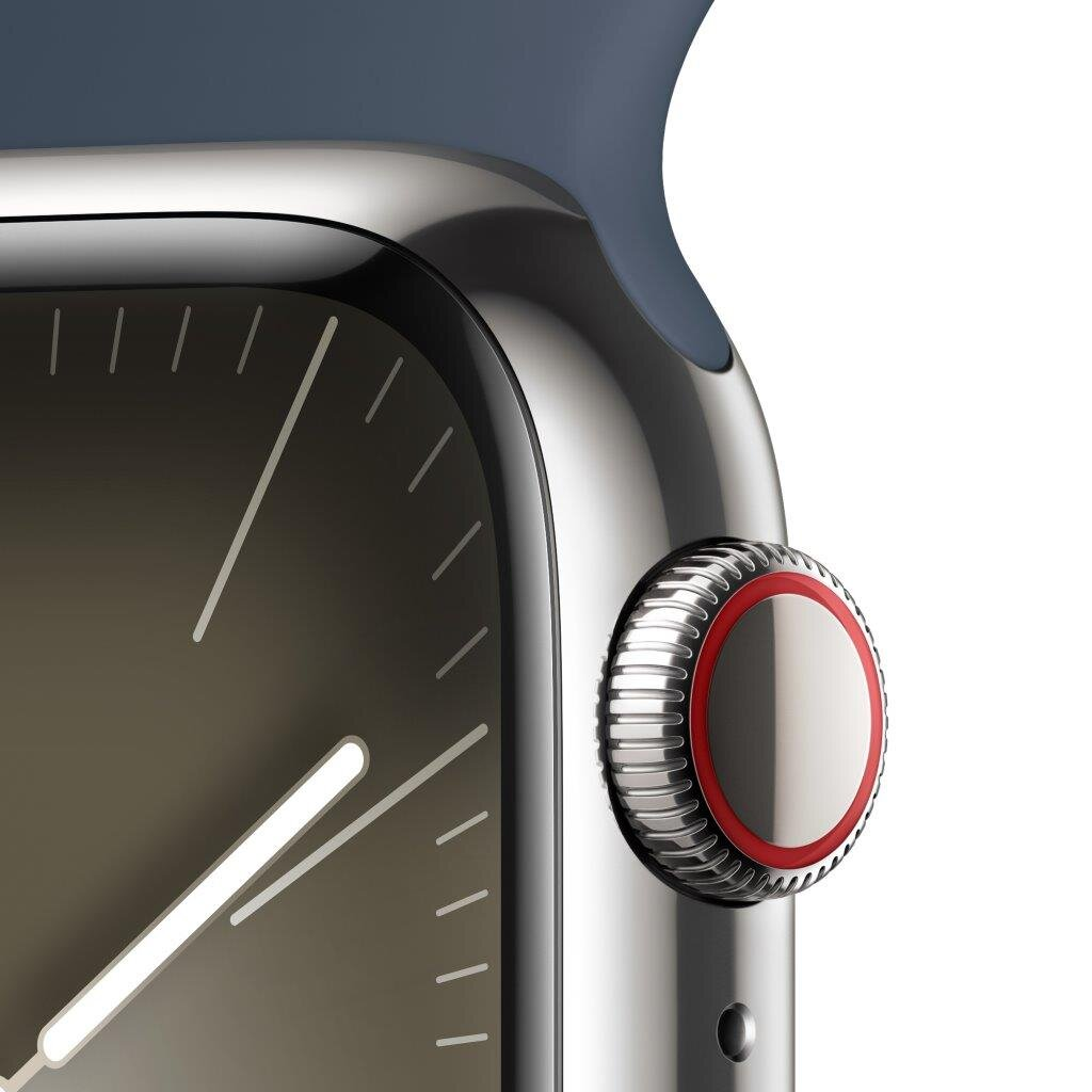 Zbliżenie cyfrowej korony i bocznego przycisku Apple Watch, z niebieskim paskiem.