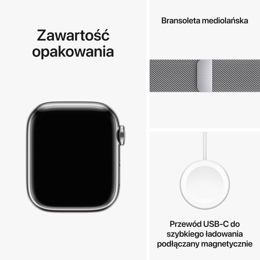 Smartwatch APPLE Watch Series 9 GPS + Cellular Koperta 41mm ze stali nierdzewnej w kolorze srebrnym z bransoletą mediolańską w kolorze srebrnym MR