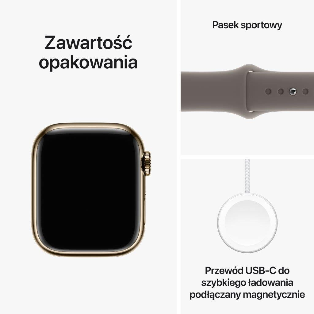 Części Apple Watch: złoty zegarek, pasek sportowy i ładowarka. Tekst: 'Zawartość opakowania'.