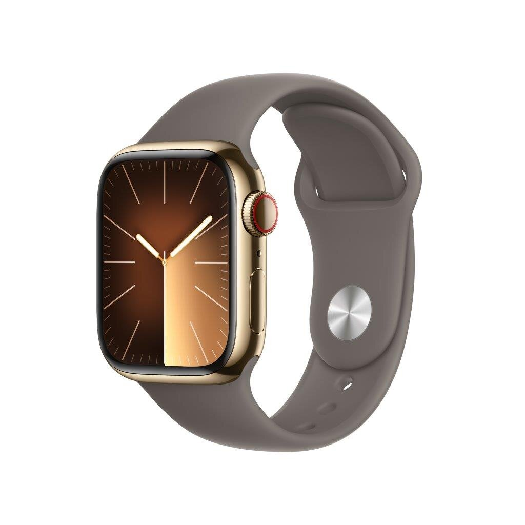 Złoty Apple Watch z szarym paskiem. Tarcza zegarka wyświetla złoty gradient.