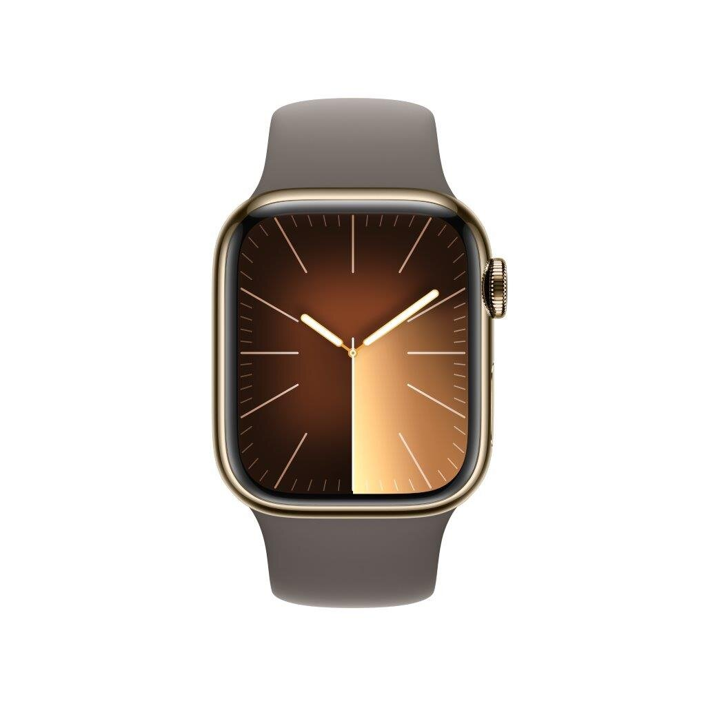 Smartwatch ze złotą kopertą i brązową gradientową tarczą na szarym pasku.