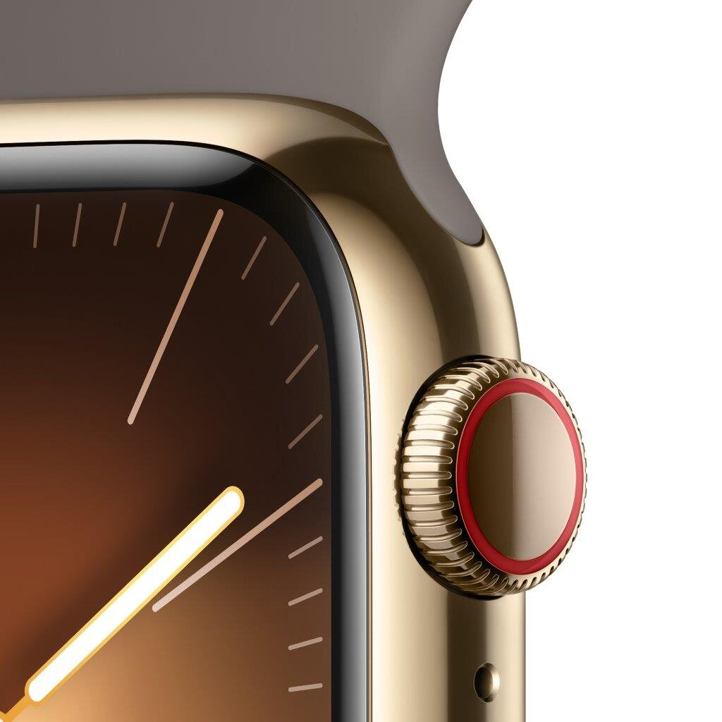 Szczegół złotego Apple Watch: widok z boku, cyfrowa korona z czerwonym pierścieniem.